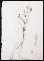 Desnudo masculino de pie en perfil izquierdo