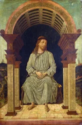 ""figura mística de cristo"" Jesús sentado con una soga de ahorcado alrededor de su cuello asociada con la burla de cristo - Pintura atribuida a Antonio Cicognara (activo alrededor de 1480 - 1500) Galería Nacional de Londres