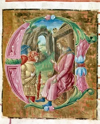 Herodes I el Grande (73-4 a.C.) ordenando la masacre de inocentes. Letra iluminada por Antonio Cicognari. Detalle de un antifonario. 1483. Cremona, coral 4, capítulo del duomo