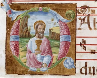 San Juan Evangelista. Letra iluminada por Antonio Cicognari. Detalle de un antifonario. 1483. Cremona, coral 4, capítulo del duomo