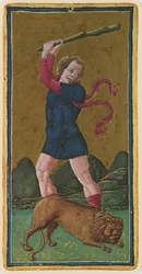 Fuerza, facsímil de una carta del tarot del mazo Visconti, 1441-47