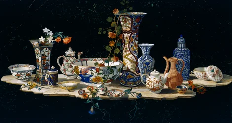 Tablero de mesa con jarrones de porcelana, ca 1797, mosaico de piedras semipreciosas sobre mármol, creado en los talleres del Gran Ducado en Florencia a partir de un modelo de Antonio Cioci, Italia