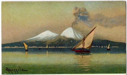 Geografía. El volcán Vesubio y la bahía de Nápoles. Ilustración de A. Coppola, Italia, c.1920 (tarjeta postal)
