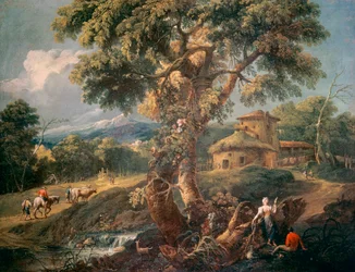Paisaje montañoso con personas y un río, por Antonio Diziani (1738-1797)