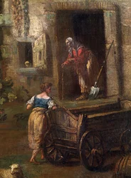 ""Paisaje de Italia"" (Paisaje italiano) Una granja en el campo italiano, detalle que representa a una anciana campesina. Pintura de Antonio Diziani (1737-1797) Museo de Bellas Artes Mikalojus Konstantinas Ciurlionis del siglo XVIII, Kaunas, Lituania