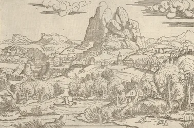 Paisaje del marco de Venus empujando a Cupido, 1540-45