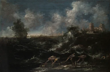 Paisaje marino con pescador sacando redes