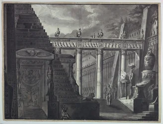 Diseño de escenario, patio de un templo egipcio