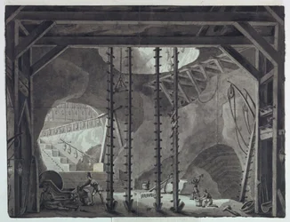 Diseño Escénico, Hombres Construyendo Edificio en Cueva