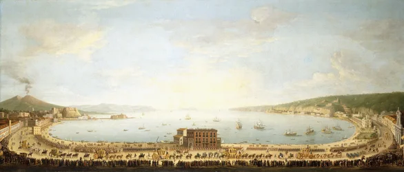 Una vista panorámica de la Bahía de Nápoles, con la procesión real a Piedigrotta