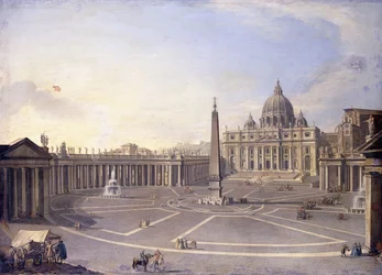 Vista de San Pedro, Roma con la columnata de Bernini y una procesión en carruajes