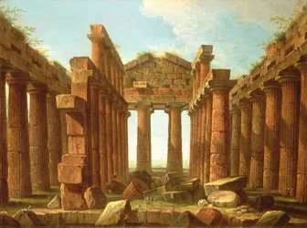 Figuras admirando el Templo de Neptuno en Paestum