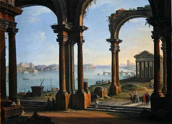 Escena del puerto a través de arcos en ruinas