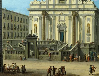 Plaza San Gaetano con la Basílica de San Paolo Maggiore en Nápoles (detalle)