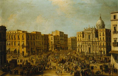 El Largo San Ferdinando, Nápoles, en tiempo de carnaval con el carruaje real acercándose al Palazzo Reale