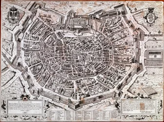 Mapa de la ciudad de Milán editado por Antonio Lafreri en 1573. Este es el mapa más antiguo de la ciudad. Milán, Museo de Milán