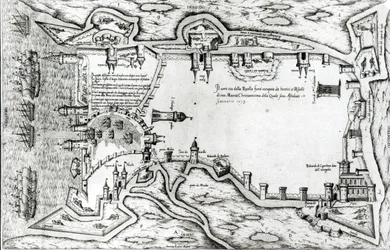 Mapa que ilustra La Rochelle ocupada por los hugonotes