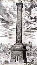 Columna de Trajano en Roma celebrando las campañas del Emperador en Dacia, grabado por el artista