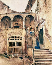 Interior de un patio de vecinos, por Antonio Mancini (1852-1930)