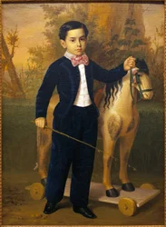 Retrato de un niño pequeño con un caballo de madera. Pintura de Antonio María Esquivel (1806-1857), óleo sobre lienzo, circa 1851. Museo de Bellas Artes de Sevilla, España