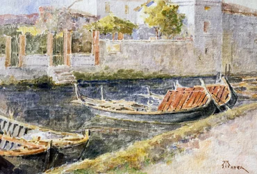 Sirmione en el Lago de Garda, por Antonio Mayer (1862-1921), acuarela. Italia, siglo XX.