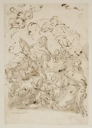 Boceto para un retablo con tres santos y ángeles