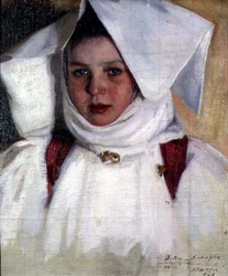 Chica con vestido blanco y gorro (óleo sobre lienzo)