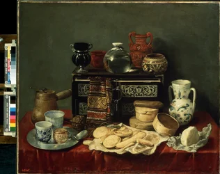 ""Bodegón con cofre de ébano"" (Bodegón con cofre de ébano) Quesos, vajilla, jarra, servilleta, tarros, molinillo de café y cuchara de miel. Pintura de Antonio de Pereda y Salgado (1611-1678) 1652 Dim. 80x94 cm Museo del Hermitage de Saint Petersbou