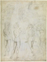 Cuatro estudios de un desnudo femenino, una Anunciación y dos estudios de una mujer nadando, c.1425 (punta de metal, pluma y lápiz marrones sobre pergamino)