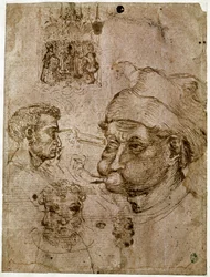 Cuatro cabezas de hombres, dos de las cuales tienen tres caras. Un retablo. Un caballo. Dibujos del taller de Antonio di Puccio Pisano dit Pisanello (1395-1455). Tinta marrón, pluma (dibujo), sangre. Louvre, Cabinet des medailles