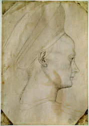 Cabeza de mujer joven, de perfil a la derecha. Dibujo del taller de Antonio di Puccio Pisano, conocido como Pisanello (1395-1455). Tinta marrón, piedra negra, pluma. Louvre, Gabinete de dibujos