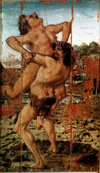Los doce trabajos de Hércules: “Heracles (Hércules) levanta al gigante Anteo” Pintura de Antonio Benci llamado El Pollaiolo (1431-1498)