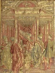 Zacarías dejando el templo, tapiz que representa escenas de la vida de San Juan Bautista