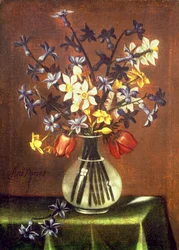 Naturaleza muerta de flores incluyendo jacinto, tulipanes y ojo de faisán
