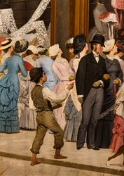 La época, detalle de mujeres mirando un escaparate y un niño