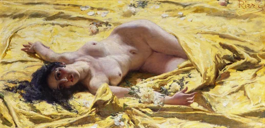 Desnudo sobre sábanas amarillas