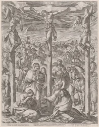 Cristo crucificado entre los dos ladrones, las tres Marías al pie de la cruz