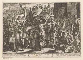 David regresa triunfante con la cabeza de Goliat David e Golia triunfo (título sobre objeto) Escenas de batalla del Antiguo Testamento (título de la serie)