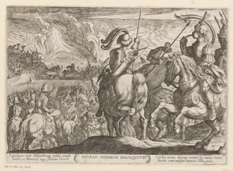 Los egipcios persiguen a los israelitas por el Mar Rojo Faraón Hebreos persequitur (título sobre objeto) Escenas de batalla del Antiguo Testamento (título de la serie)
