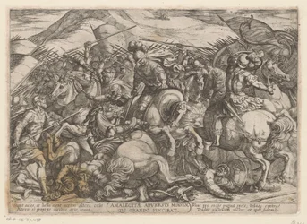 Los israelitas luchan contra los amalecitas. Amalecitae adversus Moysen qui orando vincibat (título sobre objeto) Escenas de batalla del Antiguo Testamento (título de la serie)