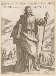 De heilige Jakobus de Mindere Sufriendo bajo Poncio Pilato, crucificado, muerto y sepultado (título sobre el objeto) Cristo, María en de apóstol (título de la serie)