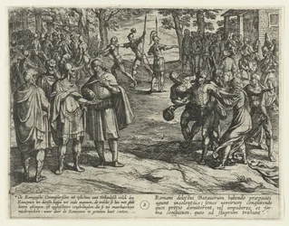 Los viejos bátavos compran su servicio a los romanos, 69-70 La revuelta de Batavia (título de la serie) Batavorum cum Romanis Bellum, à Maíz. Tacito / The Batavian Oft Oude Hollandtsche Krijghe teghen de Romeynen (título de la serie sobre el objeto)