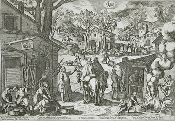 Diciembre: escena de aldea con posada