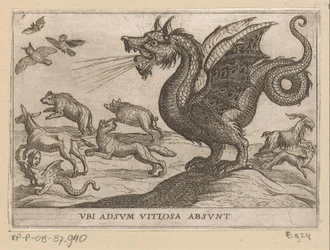 Un dragón ahuyenta a otros animales. Ubi adsum vitiosa absunt (título sobre objeto) Animales de pelea (título de la serie)