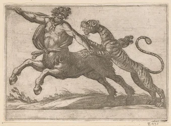 Un tigre luchando contra un centauro Animales de pelea (título de la serie)