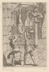 Tortura con martillos mientras se cuelga Torturas sufridas por los mártires cristianos (título de la serie) Varia tormentorum et supplicioru rawlium (...) (título de la serie)
