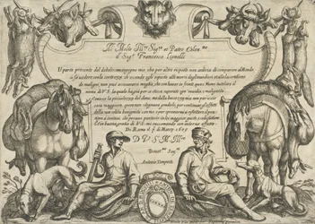 Frontispicio con Cazadores, Perros y Caballos, de 