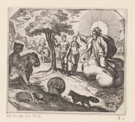 Dios prohíbe a Adán y Eva comer del árbol del conocimiento Creación (título de la serie)