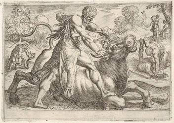 Hércules y Aqueloo: en el centro Hércules agarra los cuernos de un toro mientras presiona su ri..., 1608