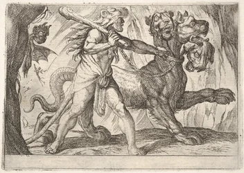 Hércules y Cerbero: Hércules agarra el collar de Cerbero, dos demonios aparecen a la izquierda..., 1608